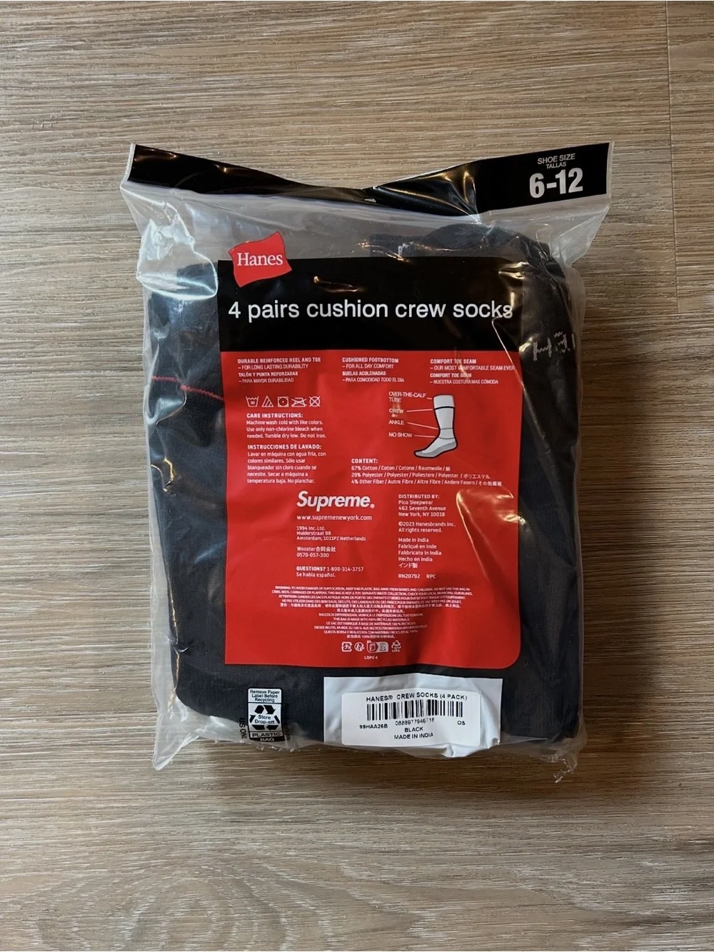 Supreme Black Cushion Crew Socks - 4 Pack (Men)